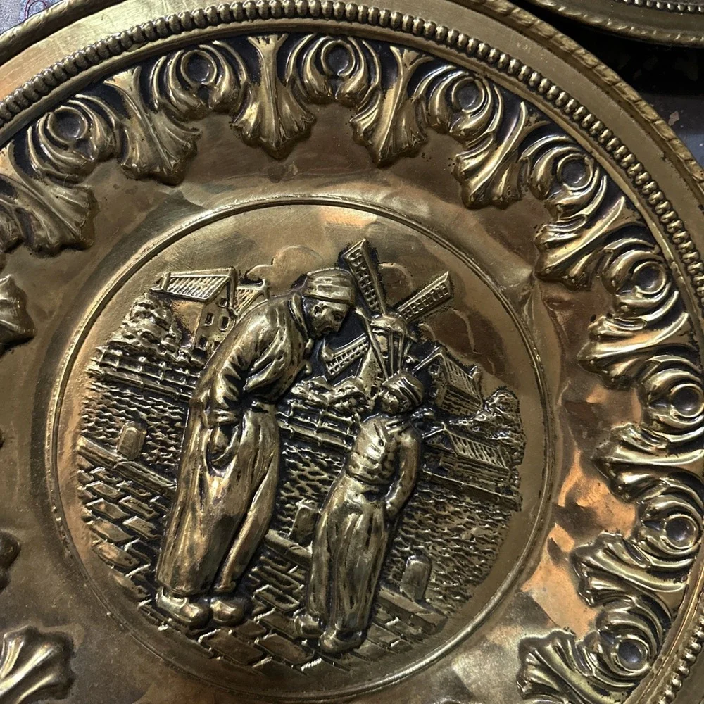 Vintage European Brass Wall Plates – Matched Pair Dutch  Scenes 12